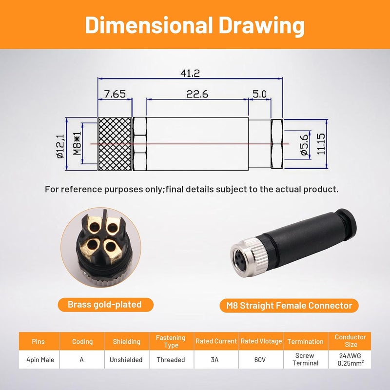 Elecbee M8 4 Pin Female Connector Waterproof Assemblely Cable Unshiled Straight Plug - Image 2